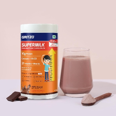 Picture of Gritzo SuperMilk Height+ (7-12y Boys), 10g Protein Powder (Double Chocolate, 400g) | Zero Refined Sugar, 21 Vitamins & Minerals