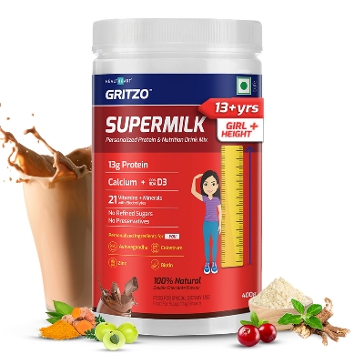 Picture of Gritzo SuperMilk Height+ (13+y Girls), 13g Protein Powder (Double Chocolate, 400g) | Zero Refined Sugar, 21 Vitamins & Minerals