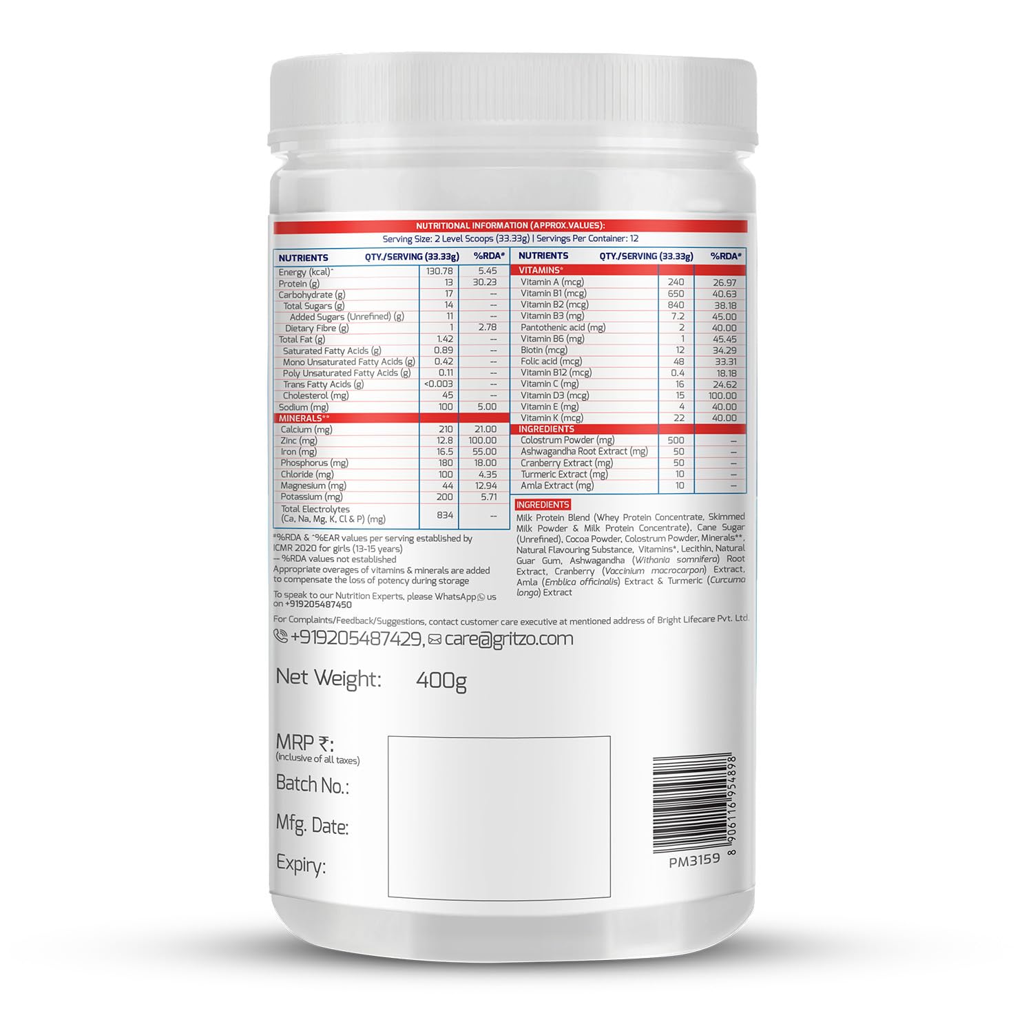 Picture of Gritzo SuperMilk Height+ (13+y Girls), 13g Protein Powder (Double Chocolate, 400g) | Zero Refined Sugar, 21 Vitamins & Minerals