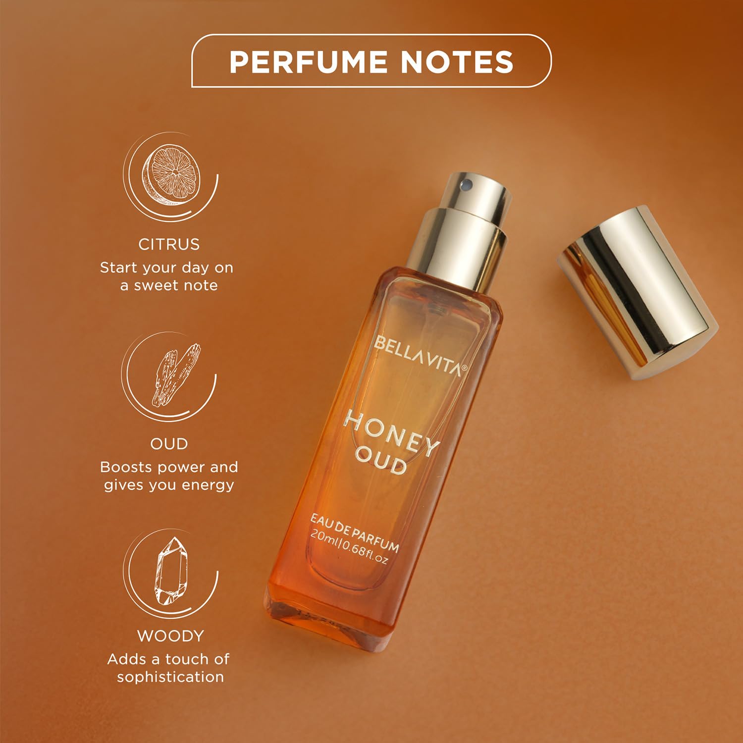 Picture of Bella Vita Luxury Honey Oud Unisex Liquid Eau De Parfum With Bergamot, Patchouli, Vanilla Premium, Long Lasting Sweet & Spicy Fragrance, 20ml