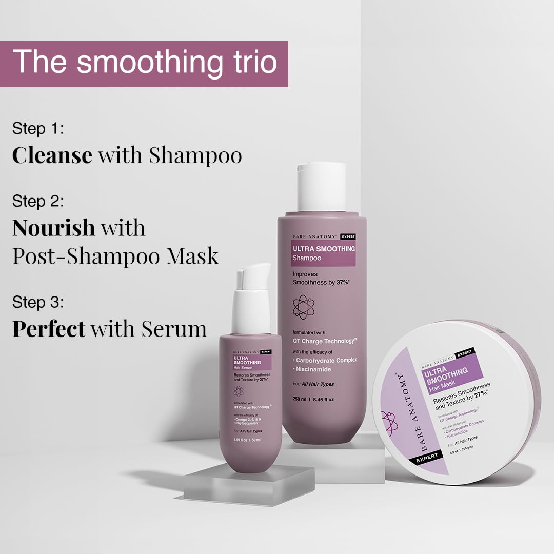 Picture of Bare Anatomy Ultra Smoothing Shampoo for Dry and Frizzy Hair | Restores Smoothing & Texture by 37% | Powered By Carbohydrate Complex & Niacinamide | SLS & Paraben Free | Vegan | For Men & Women -250ml