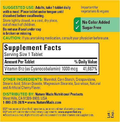 Picture of Nature Made Vitamin B12 1000 mcg, Easy to Take Sublingual B12 for Energy Metabolism Support, 50 Sugar Free Fast Dissolve Tablets, 50 Day Supply