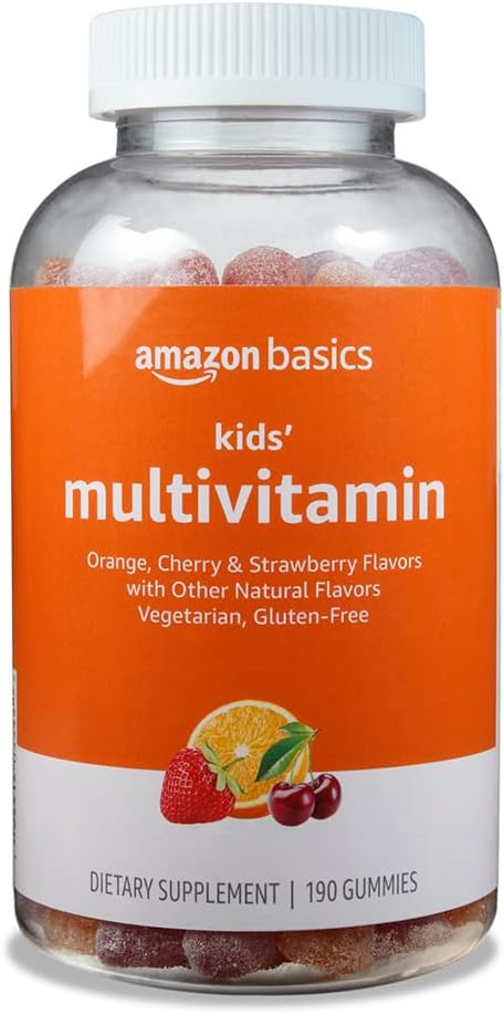 Picture of Amazon Basics Kids' Multivitamin Gummies, Orange, Cherry & Strawberry, 190 Count (Previously Solimo)