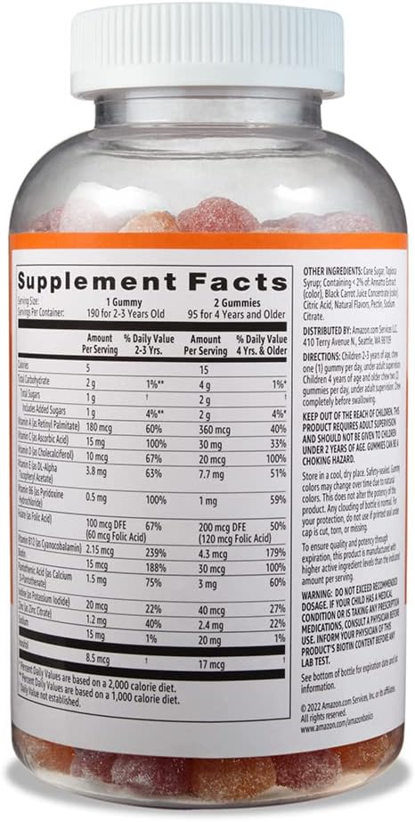 Picture of Amazon Basics Kids' Multivitamin Gummies, Orange, Cherry & Strawberry, 190 Count (Previously Solimo)