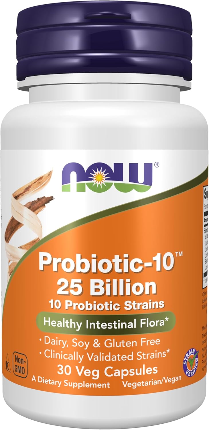 Picture of NOW Foods Supplements, Probiotic-10™, 25 Billion, with 10 Probiotic Strains, Dairy, Soy and Gluten Free, Strain Verified, 30 Veg Capsules