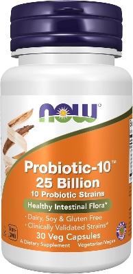 Picture of NOW Foods Supplements, Probiotic-10™, 25 Billion, with 10 Probiotic Strains, Dairy, Soy and Gluten Free, Strain Verified, 30 Veg Capsules