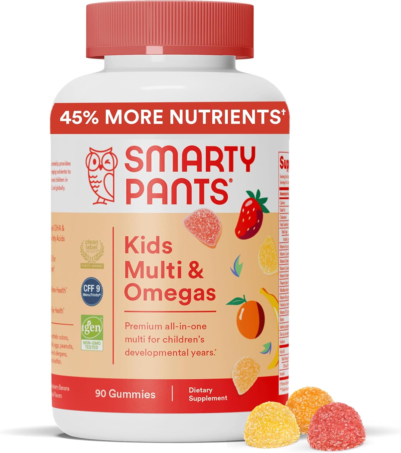 Picture of SmartyPants Kids Multivitamin Gummies: Omega 3 Fish Oil (EPA/DHA), Vitamin D3, C, Vitamin B12, B6, A, K & Zinc for Immune Support, Biotin, Gluten Free, Three Fruit Flavors, 90 Count