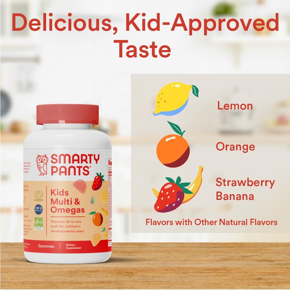 Picture of SmartyPants Kids Multivitamin Gummies: Omega 3 Fish Oil (EPA/DHA), Vitamin D3, C, Vitamin B12, B6, A, K & Zinc for Immune Support, Biotin, Gluten Free, Three Fruit Flavors, 90 Count