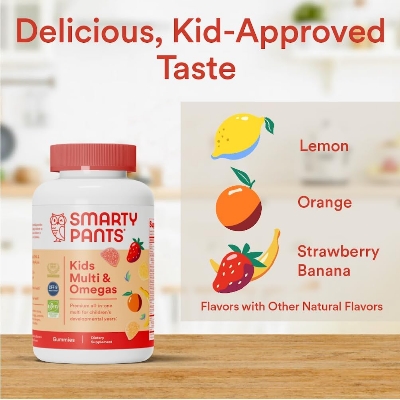 Picture of SmartyPants Kids Multivitamin Gummies: Omega 3 Fish Oil (EPA/DHA), Vitamin D3, C, Vitamin B12, B6, A, K & Zinc for Immune Support, Biotin, Gluten Free, Three Fruit Flavors, 90 Count