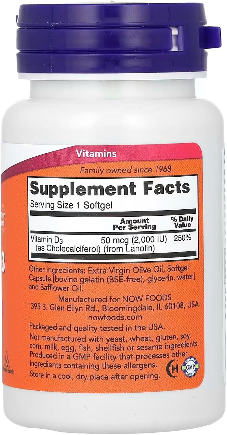 Picture of NOW Foods Supplements, Vitamin D-3 2,000 IU, High Potency, Structural Support*, 240 Softgels