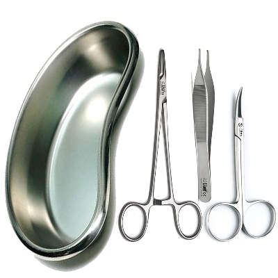 Picture of Needle Holder, Adsion Forceps, Iris Scissor With Kidney Tray | Suture Set & Kidney Tray (Kidney Tray with Suturing Set)