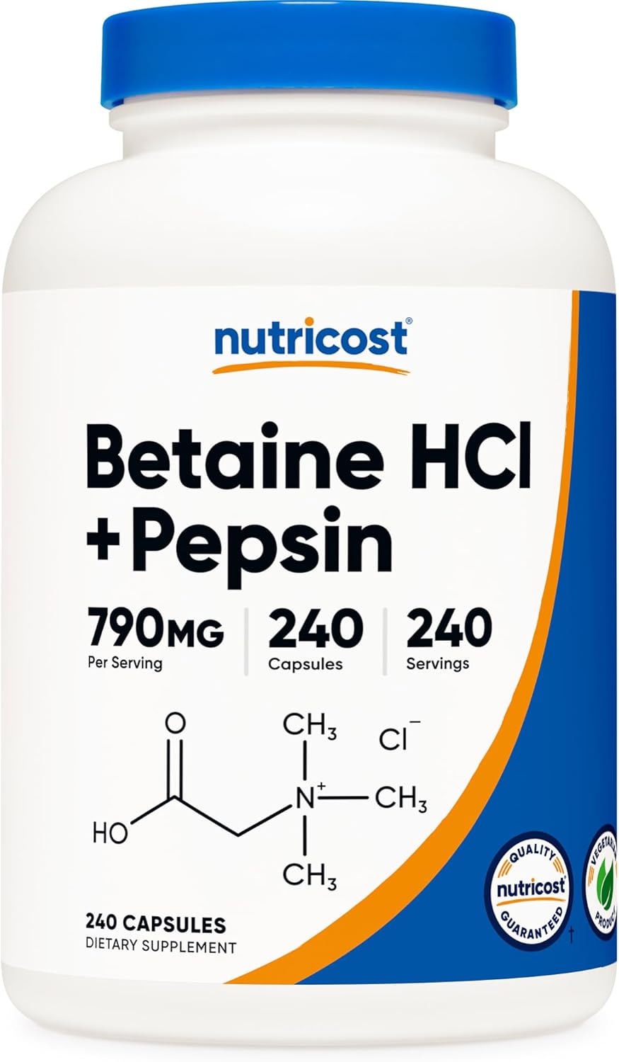 Picture of Nutricost Betaine HCl + Pepsin 790mg, 240 Capsules - Gluten Free & Non-GMO