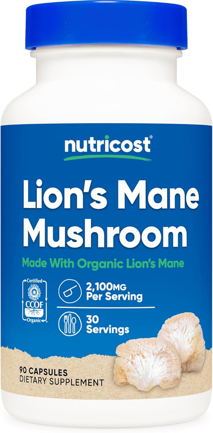 Picture of Nutricost Lion's Mane Mushroom Capsules 2100mg, 30 Servings - CCOF Certified Made with Organic, Vegetarian, Gluten Free, 700mg Per Capsule, 90 Capsules