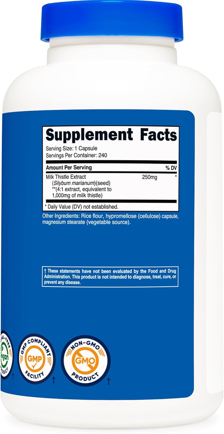 Picture of Nutricost Milk Thistle 1,000mg Equivalent, 240 Capsules - 250mg of 4:1 Extract - Vegan, Non-GMO and Gluten Free