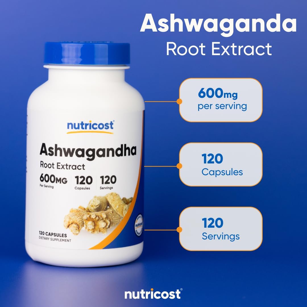 Picture of Nutricost Ashwagandha Herbal Supplement 600mg, 120 Capsules - Vegetarian, Non-GMO, Gluten Free, Ashwagandha Root