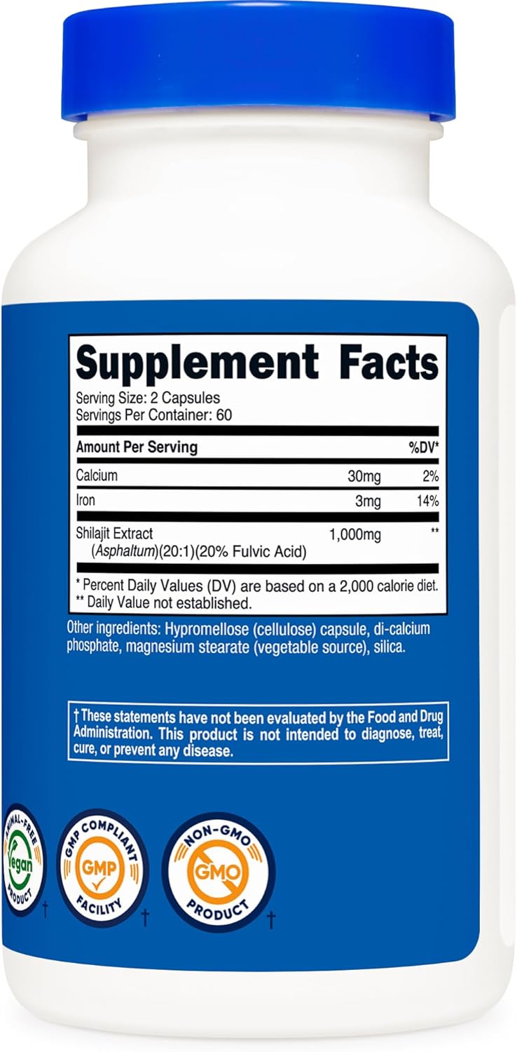 Picture of Nutricost Shilajit Capsules (1,000 mg Per Serving) (120 Capsules) - Shilajit Extract with Naturally Occuring Fulvic Acid, 60 Servings, Gluten Free, Non-GMO, Vegan Friendly Dietary Supplement