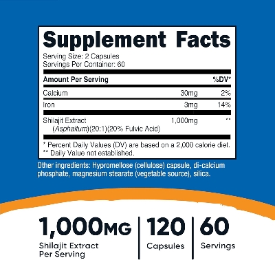 Picture of Nutricost Shilajit Capsules (1,000 mg Per Serving) (120 Capsules) - Shilajit Extract with Naturally Occuring Fulvic Acid, 60 Servings, Gluten Free, Non-GMO, Vegan Friendly Dietary Supplement