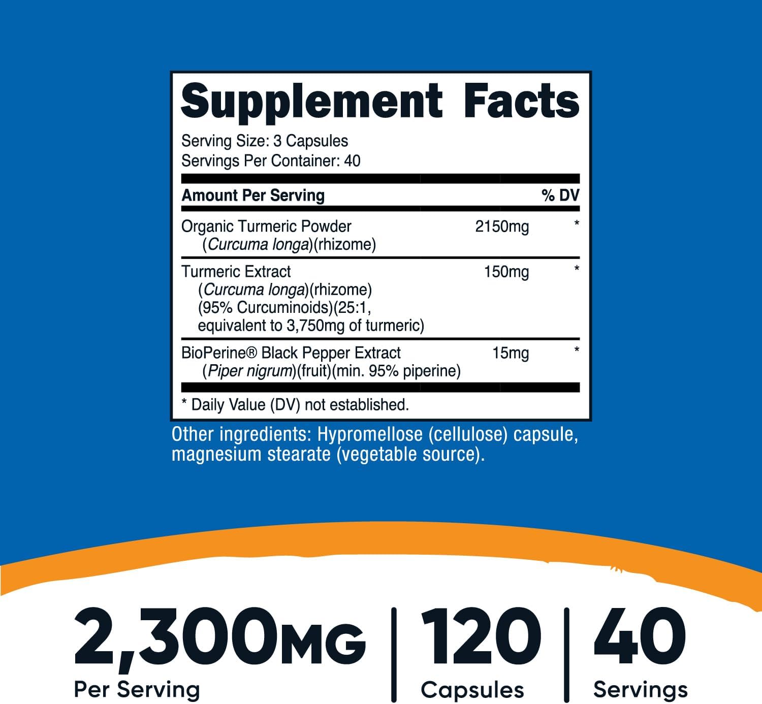 Picture of Nutricost Turmeric Curcumin with BioPerine and 95% Curcuminoids, 2300mg, 120 Capsules, Veggie Capsules, 767mg Per Cap, 40 Servings, Gluten Free, Non-GMO
