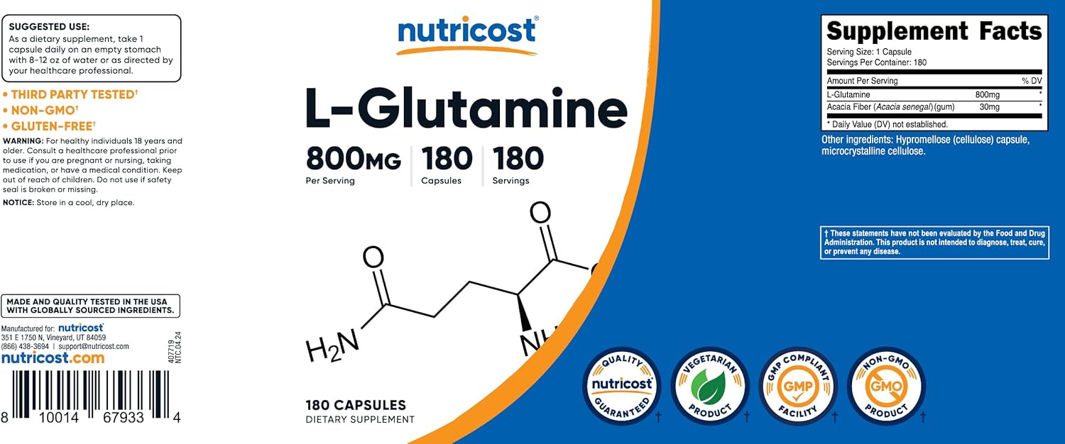 Picture of Nutricost L-Glutamine 800mg, 180 Capsules - Gluten Free, Non-GMO