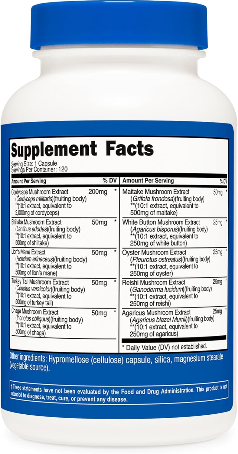 Picture of Nutricost Mushroom Complex Supplement, 120 Capsules - 10 Mushroom Blend (with Reishi, Maitake, Shiitake, Lion's Mane, and More) - Non-GMO and Gluten Free