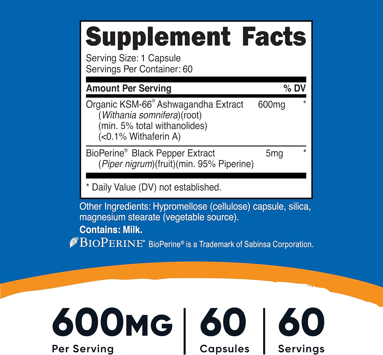 Picture of Nutricost KSM-66 Ashwagandha Root Extract 600mg, 60 Veggie Caps - 5% Withanolides - with BioPerine - Full-Spectrum Root Extract