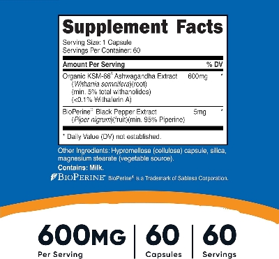 Picture of Nutricost KSM-66 Ashwagandha Root Extract 600mg, 60 Veggie Caps - 5% Withanolides - with BioPerine - Full-Spectrum Root Extract