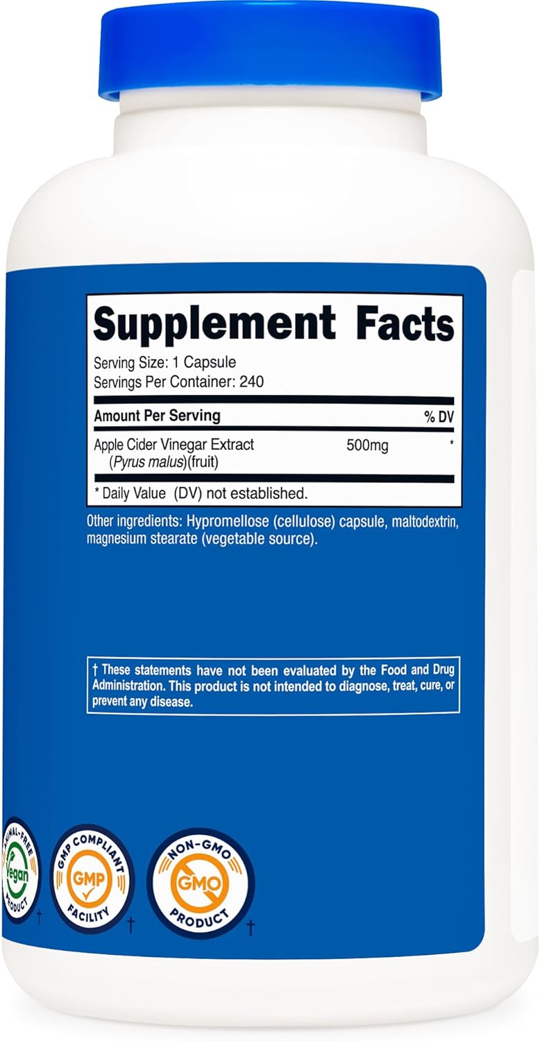 Picture of Nutricost Apple Cider Vinegar Capsules 500mg, 240 Vegetarian Capsules - Natural, Vegetarian, GMP, Non-GMO and Gluten Free