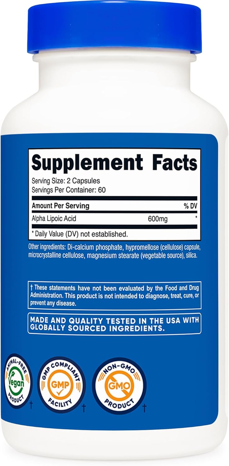 Picture of Nutricost Alpha Lipoic Acid 600mg Per Serving 120 Capsules, 60 Servings - Plant Based Caps, Non-GMO