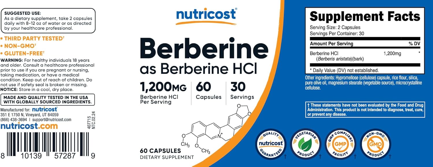 Picture of Nutricost Berberine HCl 600mg, 60 Vegetarian Capsules - Gluten Free & Non-GMO