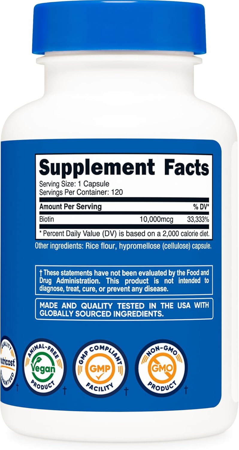 Picture of Nutricost Biotin (Vitamin B7) 10,000mcg (10mg), 120 Capsules - Vegan, Gluten Free, Non-GMO