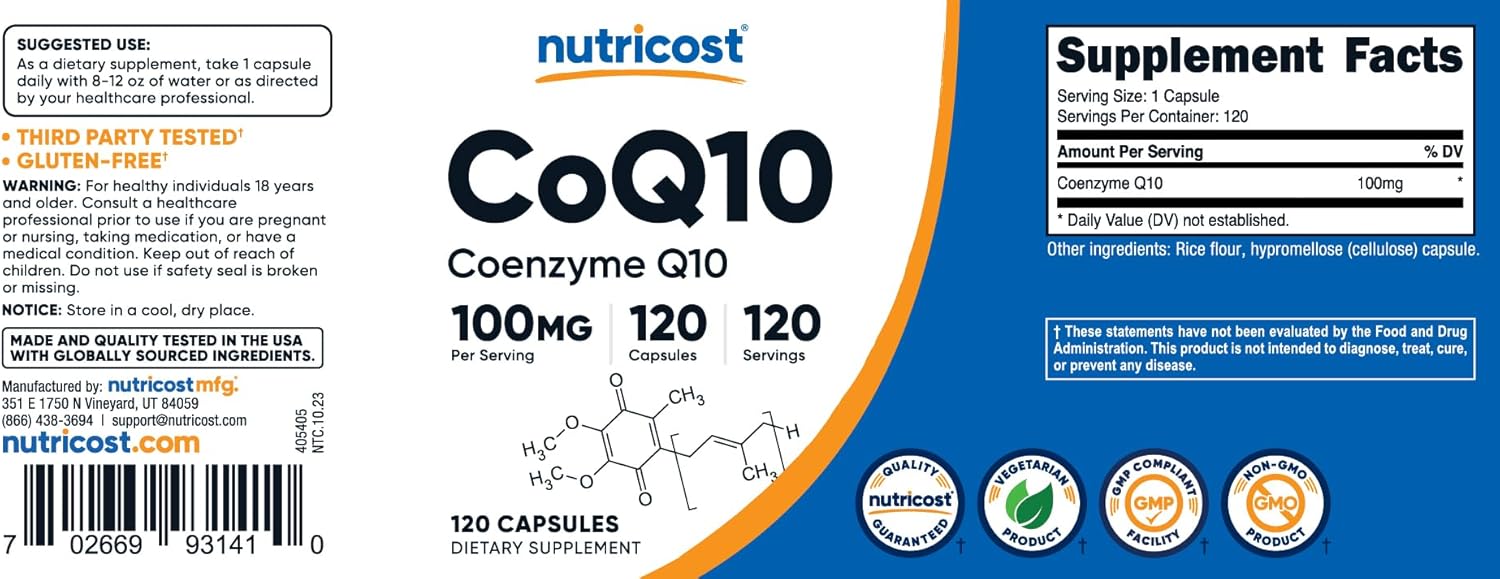 Picture of Nutricost CoQ10 100mg, 120 Vegetarian Capsules, 120 Servings - High Absorption, Vegetarian, Non-GMO, Coenzyme Q10