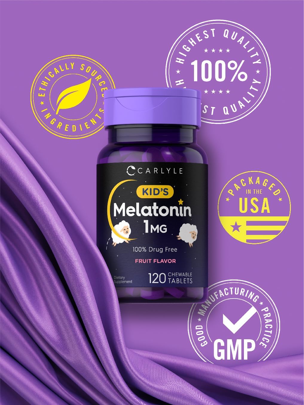 Picture of Carlyle Kids Melatonin 1mg | 120 Chewable Tablets | Fruit Flavor | Vegetarian Supplement | Non-GMO, Gluten Free Formula