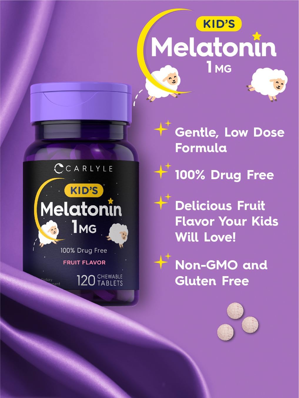 Picture of Carlyle Kids Melatonin 1mg | 120 Chewable Tablets | Fruit Flavor | Vegetarian Supplement | Non-GMO, Gluten Free Formula