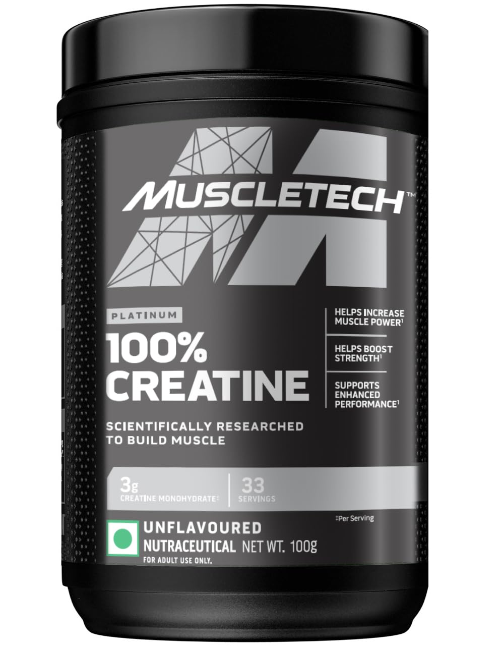 Picture of Muscletech Platinum 100% Creatine Powder (Unflavoured - 100 Gram, 33 Serves), Scientifically Researched to Build Muscle - Increase Muscle Power, Boost Strength & Enhance Performance