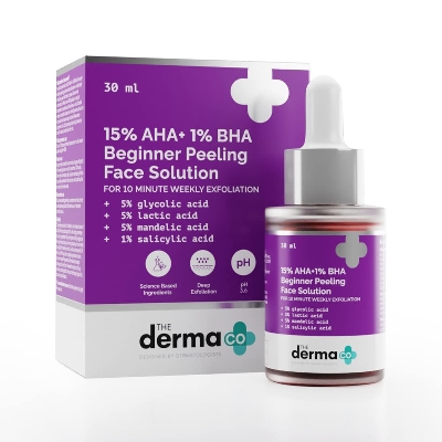 Picture of The Derma Co 15% AHA + 1% BHA Beginner Repairing, Radiant Skin, Exfoliating, Removes Impurities Face Peeling Solution for 10-Minute Weekly Exfoliation - 30ml(dermaco)
