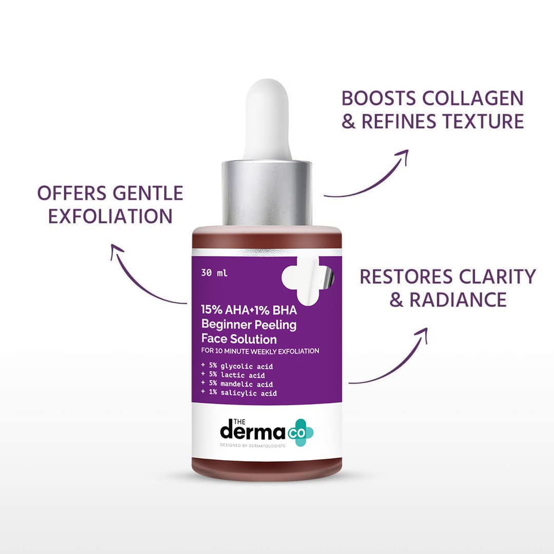 Picture of The Derma Co 15% AHA + 1% BHA Beginner Repairing, Radiant Skin, Exfoliating, Removes Impurities Face Peeling Solution for 10-Minute Weekly Exfoliation - 30ml(dermaco)