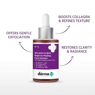 Picture of The Derma Co 15% AHA + 1% BHA Beginner Repairing, Radiant Skin, Exfoliating, Removes Impurities Face Peeling Solution for 10-Minute Weekly Exfoliation - 30ml(dermaco)