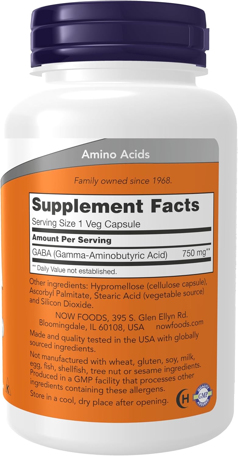 Picture of NOW Foods Supplements, GABA (Gamma-Aminobutyric Acid) 750mg, Neurotransmitter Support*, 100 Veg Capsules