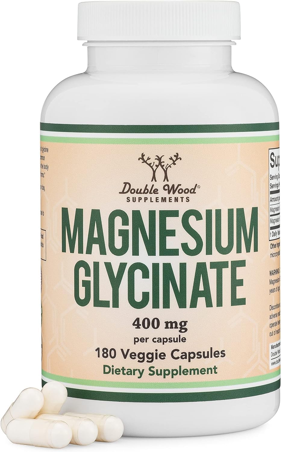 Picture of Magnesium Glycinate 400mg, 180 Capsules (Vegan Safe, Third Party Tested, Gluten Free, Non-GMO) High Absorption Magnesium by Double Wood Supplements