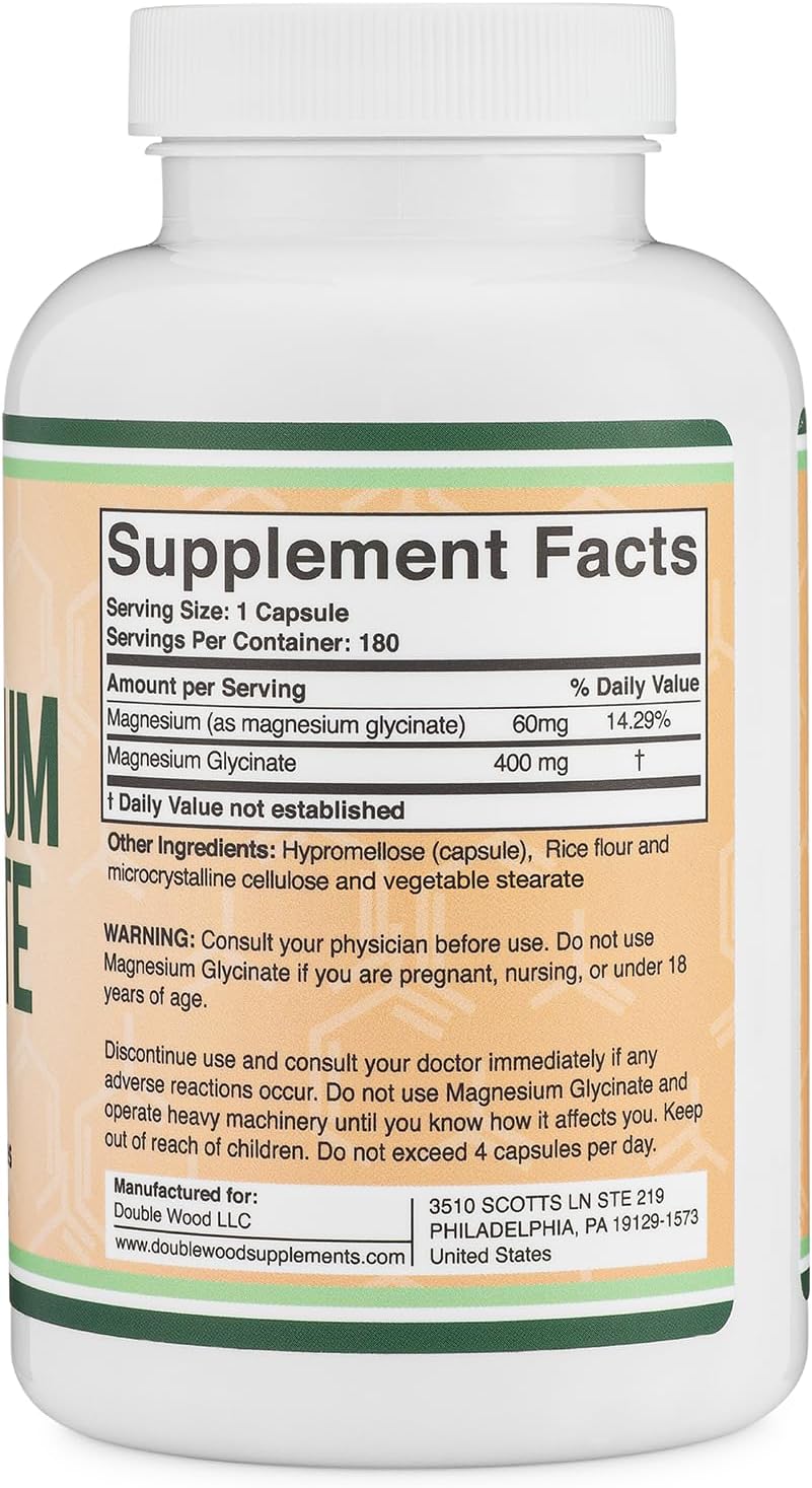 Picture of Magnesium Glycinate 400mg, 180 Capsules (Vegan Safe, Third Party Tested, Gluten Free, Non-GMO) High Absorption Magnesium by Double Wood Supplements