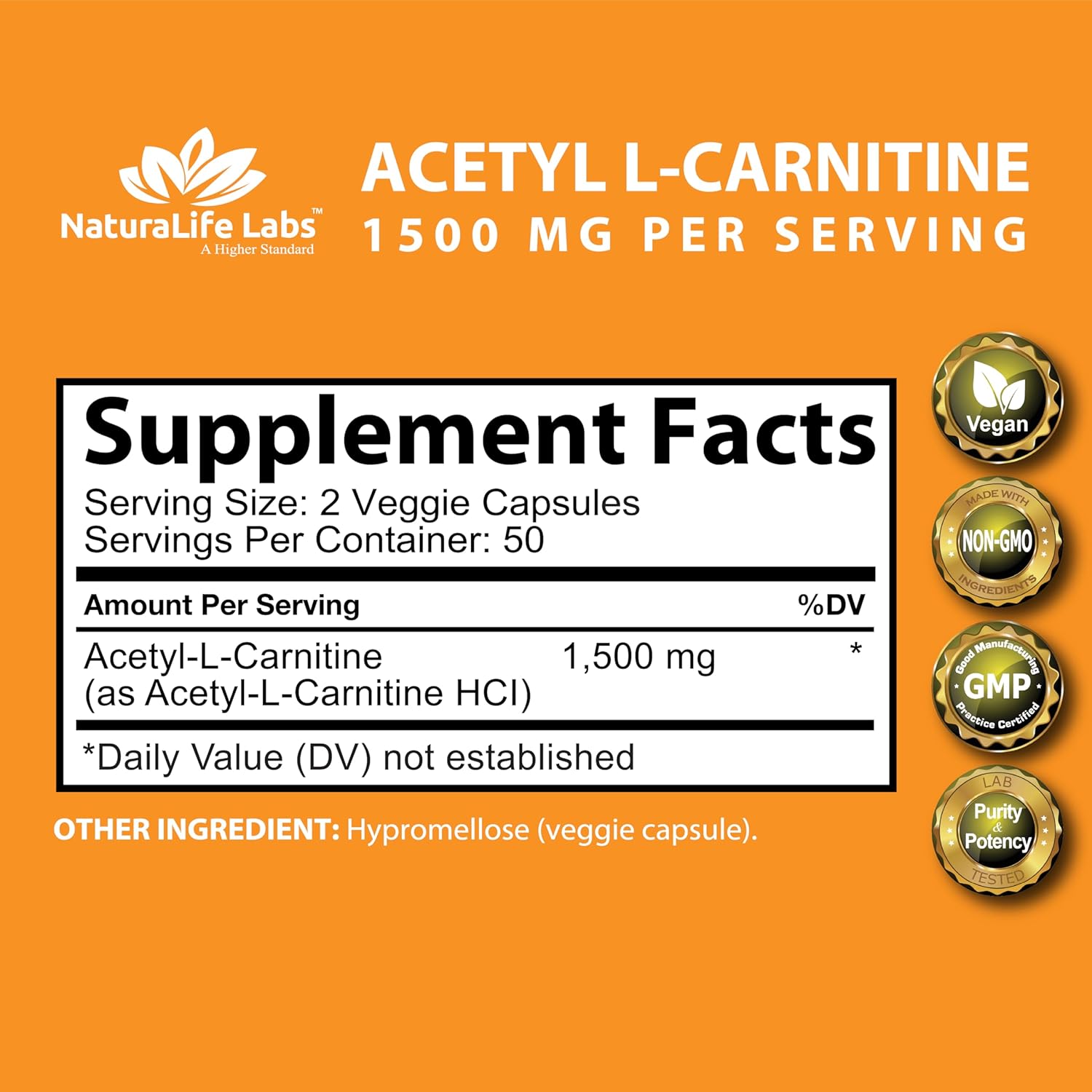 Picture of Acetyl L-Carnitine 1,500 mg High Potency Supports Energy Production, Sports Nutrition, Supports Memory/Focus - 100 Veggie Capsules
