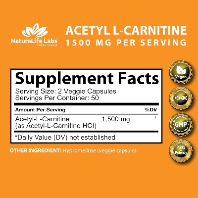 Picture of Acetyl L-Carnitine 1,500 mg High Potency Supports Energy Production, Sports Nutrition, Supports Memory/Focus - 100 Veggie Capsules