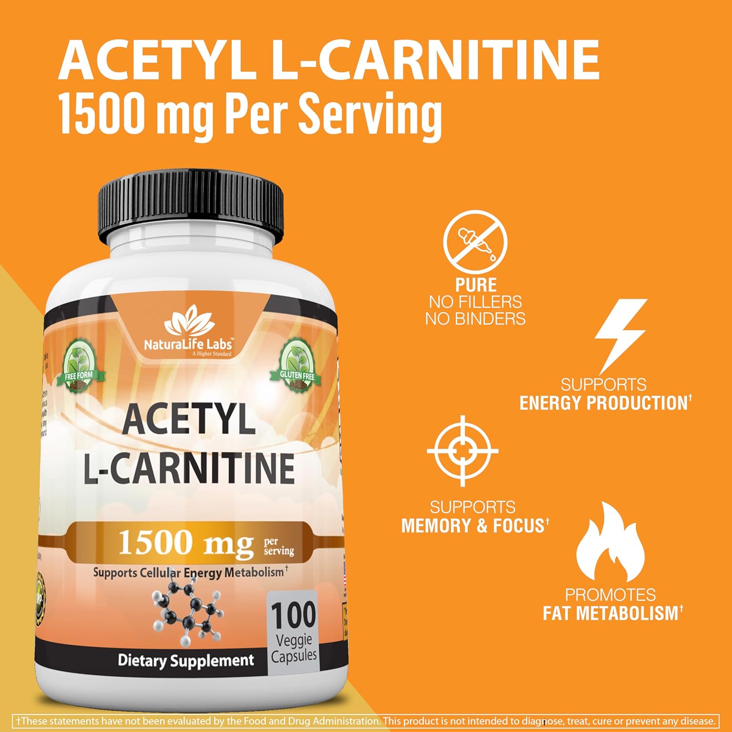 Picture of Acetyl L-Carnitine 1,500 mg High Potency Supports Energy Production, Sports Nutrition, Supports Memory/Focus - 100 Veggie Capsules