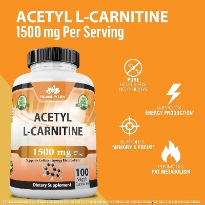 Picture of Acetyl L-Carnitine 1,500 mg High Potency Supports Energy Production, Sports Nutrition, Supports Memory/Focus - 100 Veggie Capsules