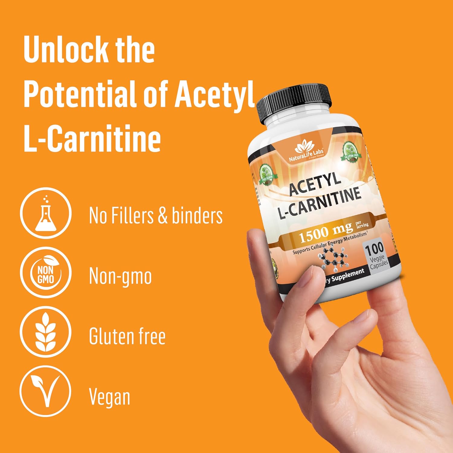 Picture of Acetyl L-Carnitine 1,500 mg High Potency Supports Energy Production, Sports Nutrition, Supports Memory/Focus - 100 Veggie Capsules