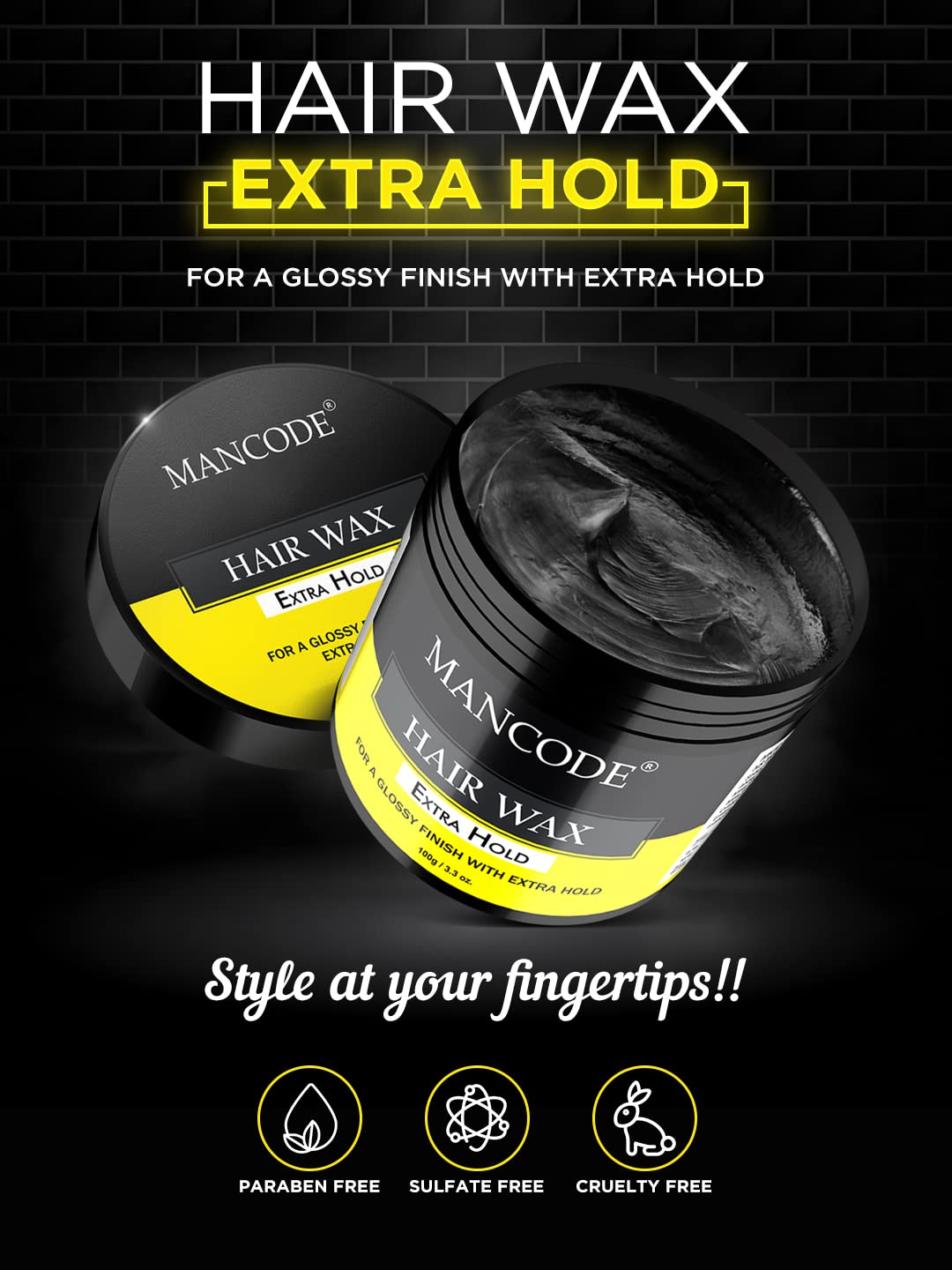Picture of Mancode Extra Hold Hair Wax 100 gm for MEN | Long Lasting Stylist Look | Glossy Finish | Shine | Restylable Anytime, Easy Wash Off | No Paraben, Sulphate, Alcohol & Harmfull Chemicals
