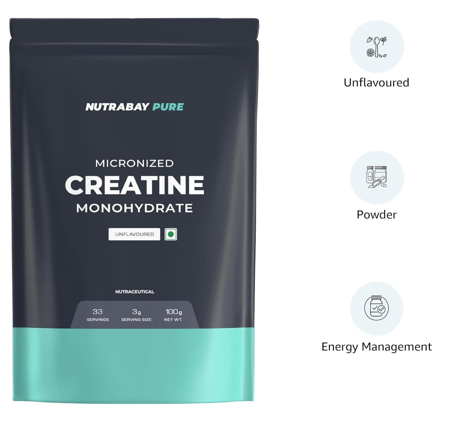 Picture of Nutrabay Pure Micronised Creatine Monohydrate Powder, (100g, Unflavoured), Pre/Post Workout Supplement for Muscle Gain & Recovery | Fast Absorbing, 33 Servings, for Athletic Performance & Power