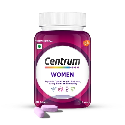 Picture of Centrum Women, World's No.1 Multivitamin with Biotin, Vitamin C & 21 vital Nutrients for Overall Health, Radiance, Strong Bones & Immunity (Veg) Pack of 30 Tablets