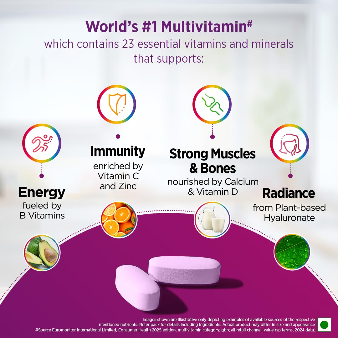 Picture of Centrum Women, World's No.1 Multivitamin with Biotin, Vitamin C & 21 vital Nutrients for Overall Health, Radiance, Strong Bones & Immunity (Veg) Pack of 30 Tablets
