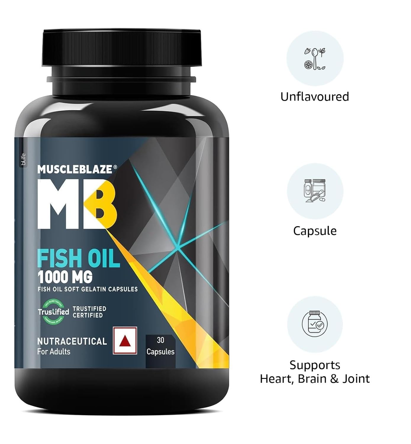 Picture of MuscleBlaze Omega 3 Fish Oil (30 Capsules) | Trustified Certified for Accuracy & Purity | 1000mg Omega 3 with 180mg EPA & 120mg DHA